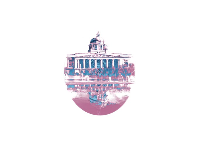 an image of Nottingham Council House and Old Market Square is set in an oval frame. It is drawn in purple. Underneath the impression of blue water swirls.